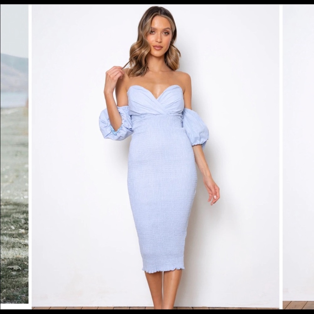 Off-Shoulder Sweetheart Midi Dress in Pale Blue